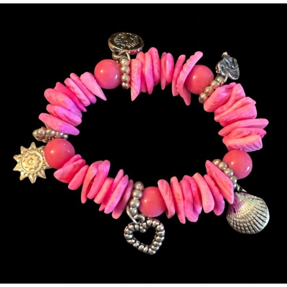 Seashell like beaded charm Bracelet Hot Pink elastic